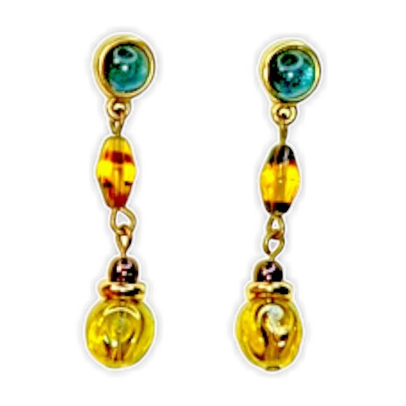 LIZ CLAIBORNE LCI Signed Vintage Earrings Pierced Gold Tone Amber Glass Dangle - Picture 1 of 7